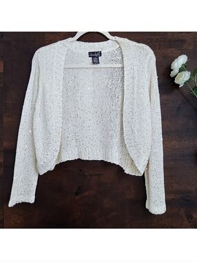 Questions By Say What Ivory & Sequins Sparkle Cotton & Rayon Knit Shrug Medium